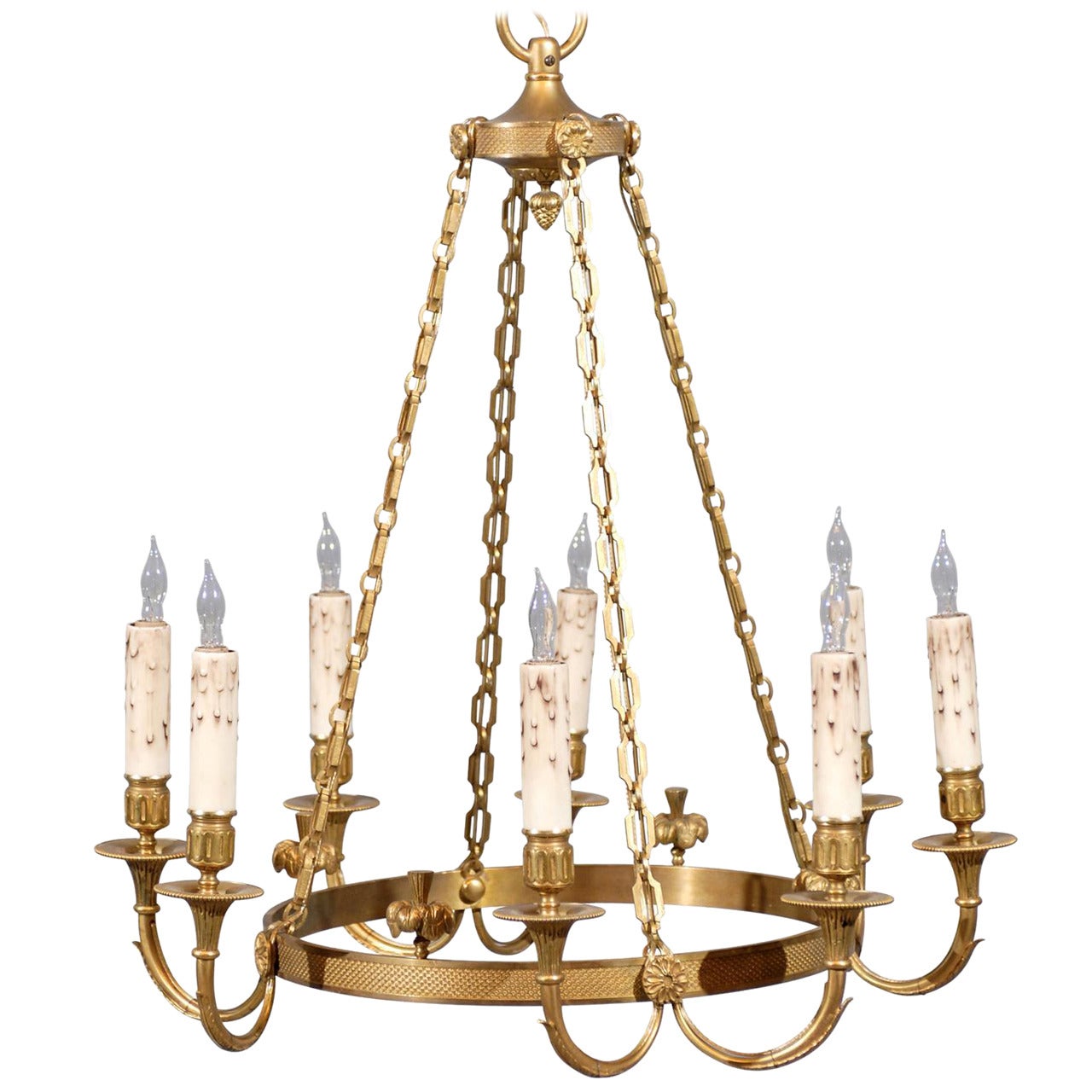 Neoclassical Style French Round Bronze Doré Six-Light Chandelier, 20th Century