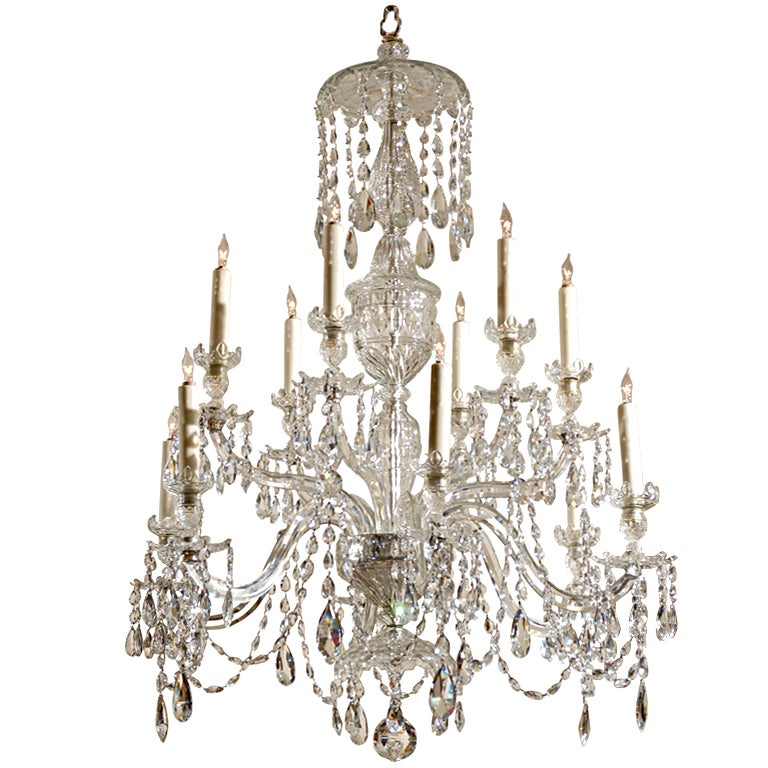 19th Century English Waterford 12 Light Crystal Arm Chandelier