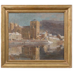 Large Gilt Framed Italian Oil on Canvas Painting of Harbor Scene, circa 1910
