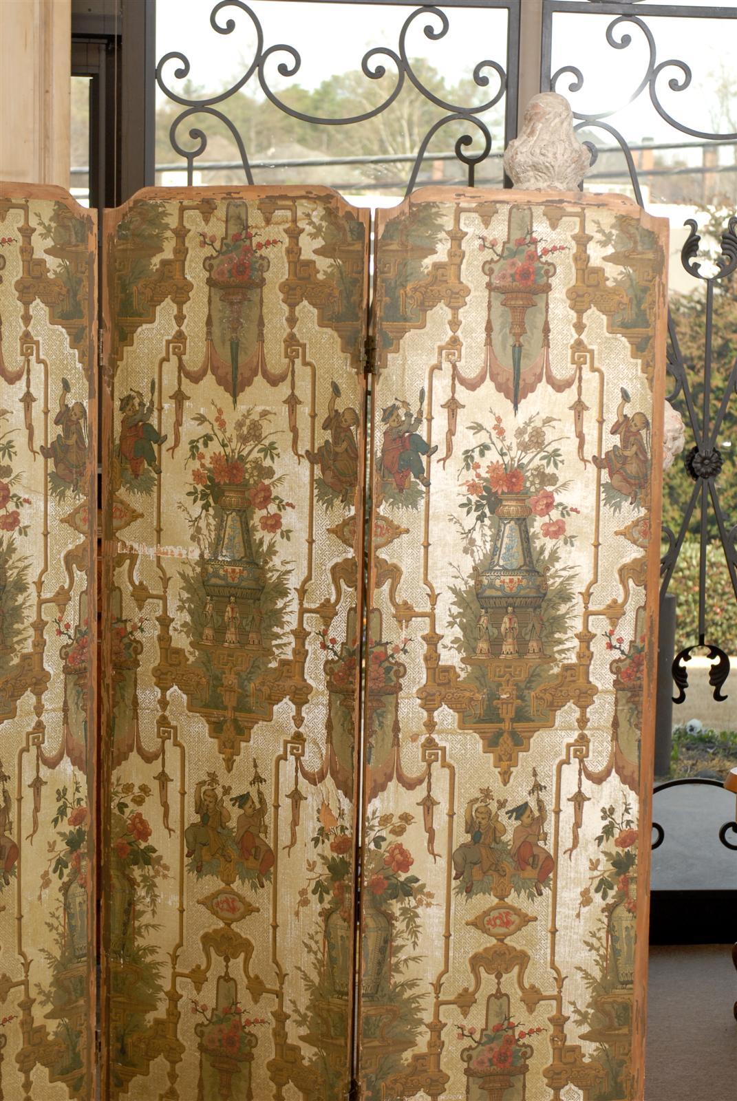 19th Century French Folding Screen with Chinoiserie and Floral Design 2