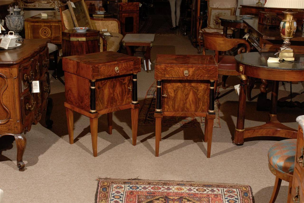 German Pair of Biedermeier Style Walnut Bedside Commodes with Ebony and Gilt Detail