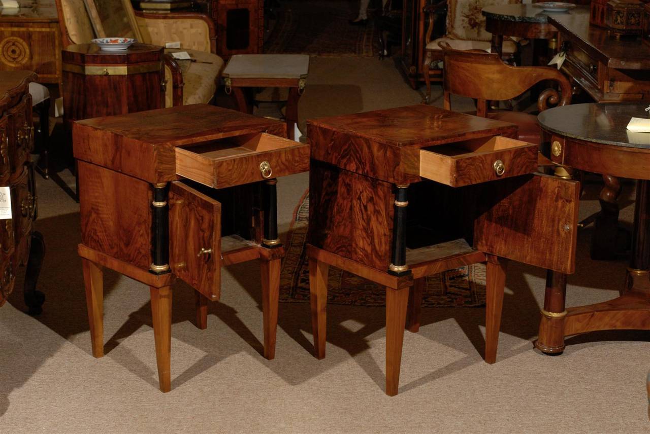 Pair of Biedermeier Style Walnut Bedside Commodes with Ebony and Gilt Detail 1