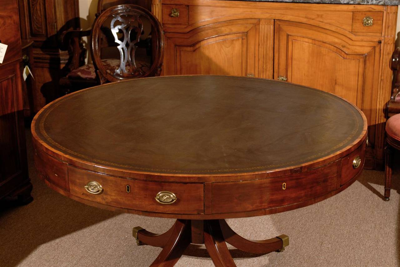 19th Century English Mahogany Drum Table with Leather Top and Four Drawers 4