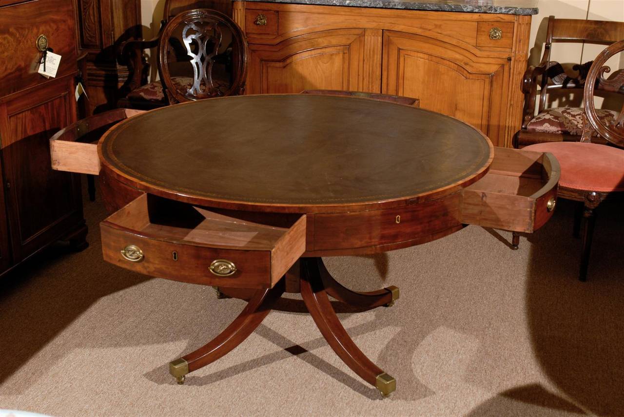 19th Century English Mahogany Drum Table with Leather Top and Four Drawers 2