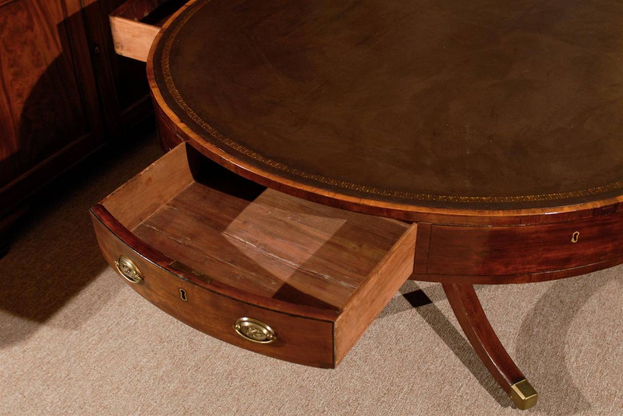 19th Century English Mahogany Drum Table with Leather Top and Four Drawers In Excellent Condition In Atlanta, GA