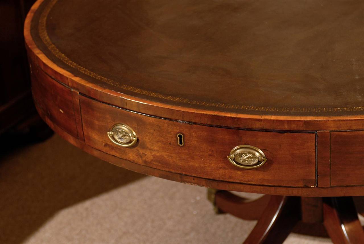 19th Century English Mahogany Drum Table with Leather Top and Four Drawers 1