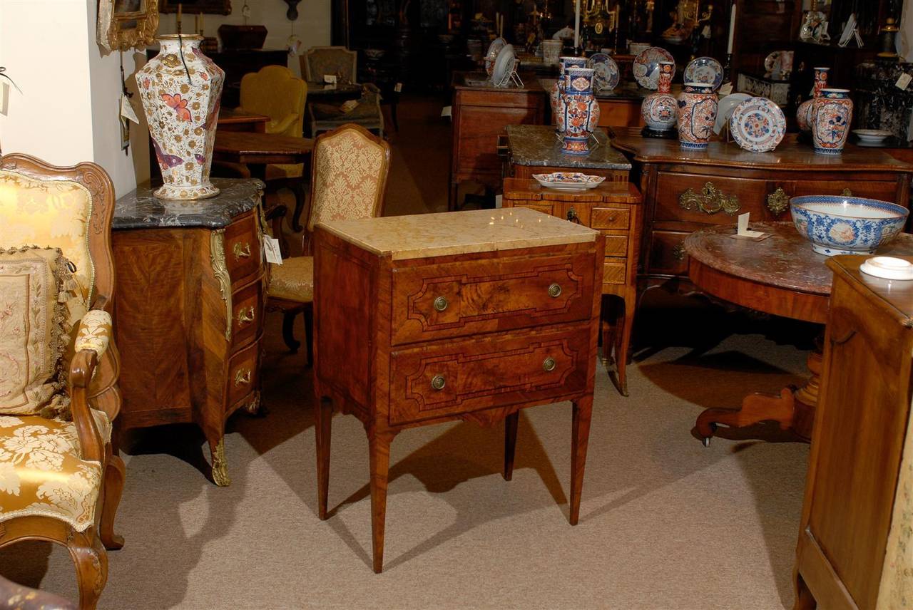Petite Neoclassical Style Italian Inlaid Commode with Marble Top and Two Drawers In Good Condition In Atlanta, GA