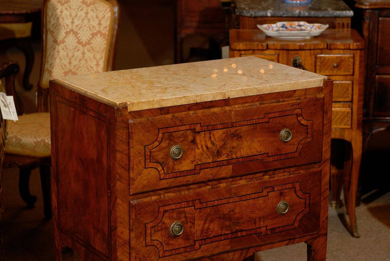 Petite Neoclassical Style Italian Inlaid Commode with Marble Top and Two Drawers 1