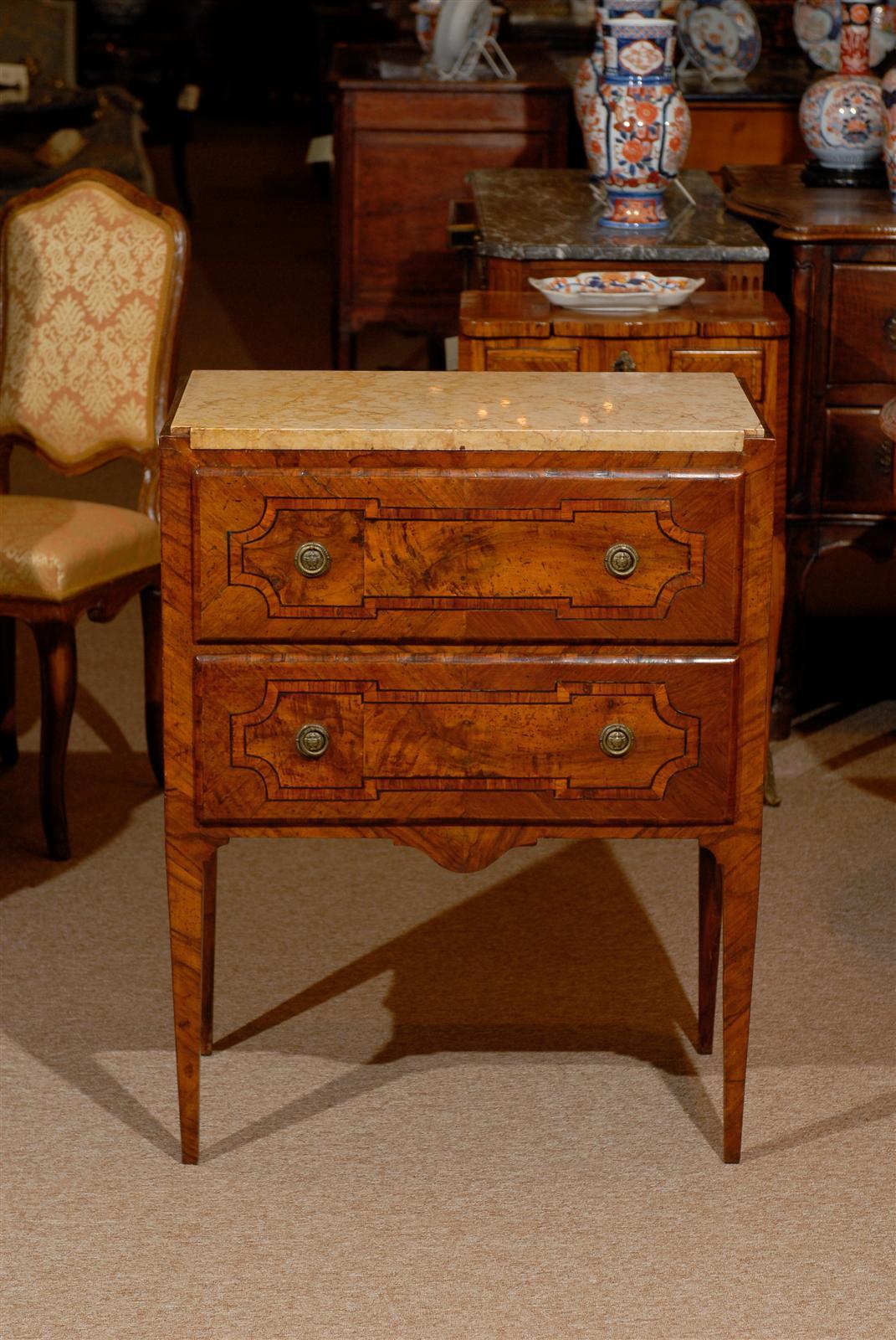 Petite Neoclassical Style Italian Inlaid Commode with Marble Top and Two Drawers 3