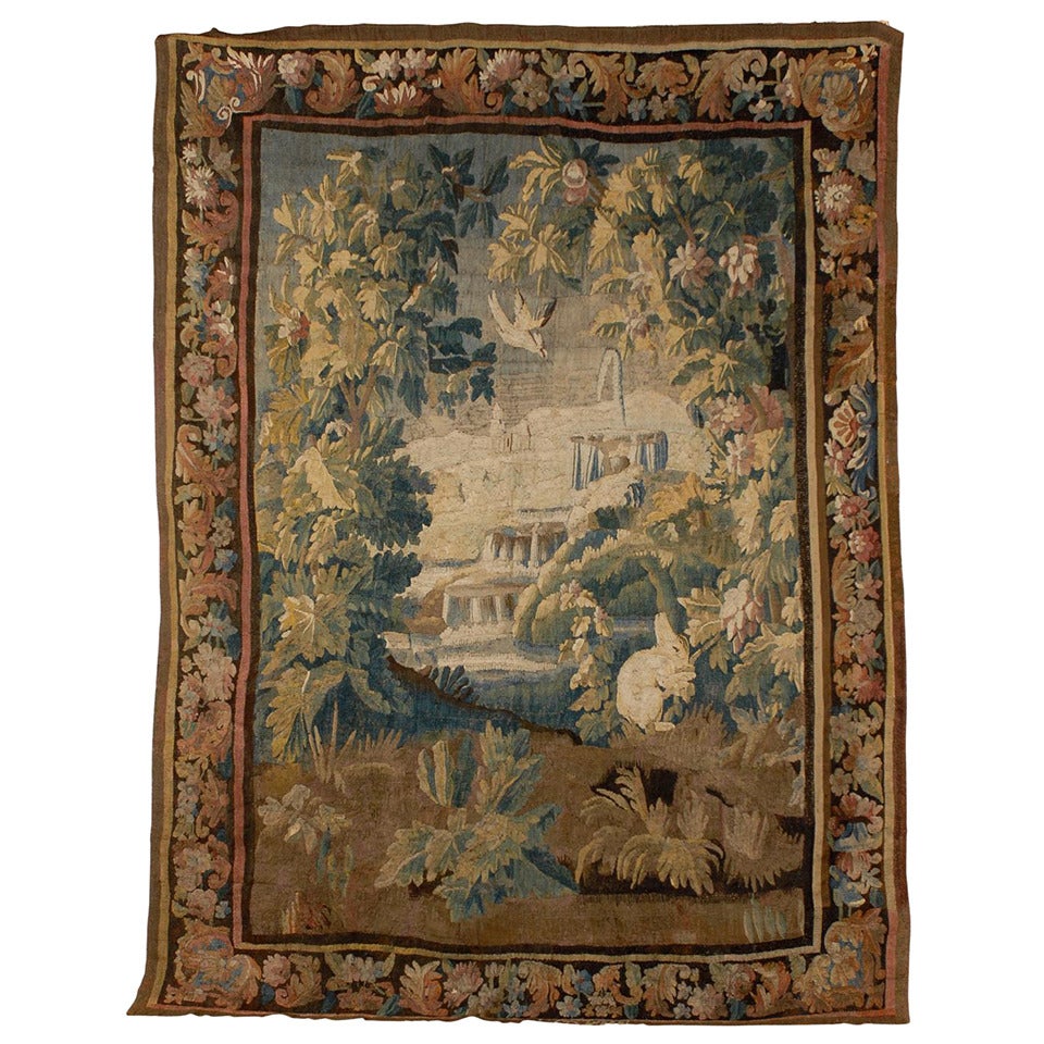 Französischer Aubusson-Wandteppich des 18. Jahrhunderts mit Bunny- und Originalbordüre im Angebot
