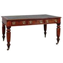 Antique 19th Century English Writing Table with Green Leather Top and Turned Legs