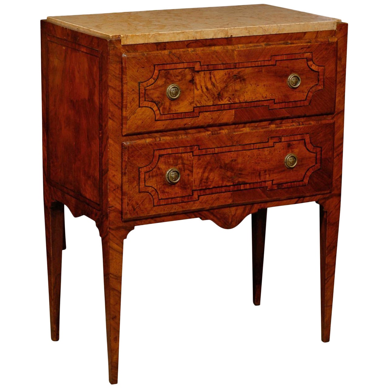 Petite Neoclassical Style Italian Inlaid Commode with Marble Top and Two Drawers