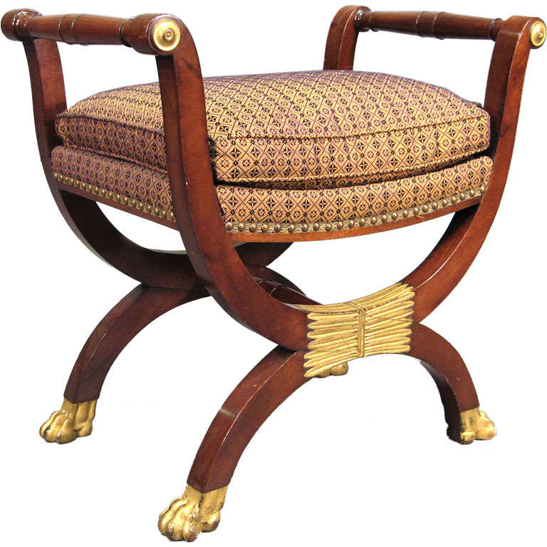 Empire Mahogany and Parcel-Gilt X-form Bench, France, circa 1820 For Sale