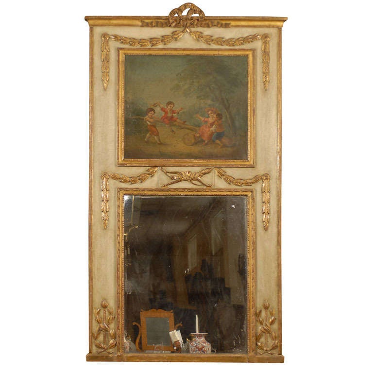 Miroir Trumeau d'époque Louis XVI doré et peint, France vers 1790 en vente