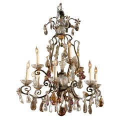 19th Century 9 Light French Iron & Crystal Chandelier
