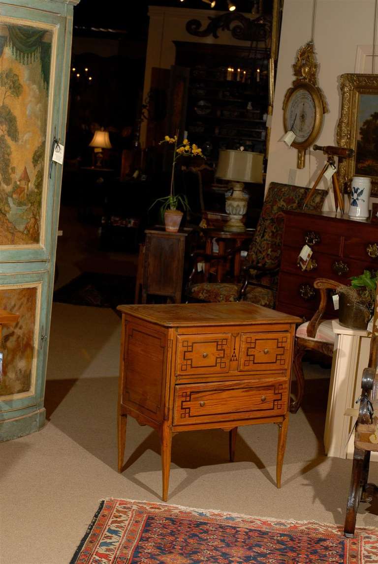 French Late 18th Century Rustic Petite Pine Commode with Paquetry Inlay, France