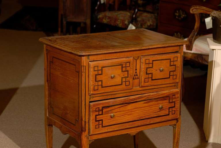 18th Century and Earlier Late 18th Century Rustic Petite Pine Commode with Paquetry Inlay, France