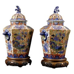 Pair of English "Clobbered" Pot Pourri Urns, circa 1820