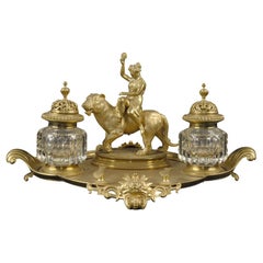 Ensemble d'encriers d'époque Napoléon III en bronze doré et cristal, vers 1870