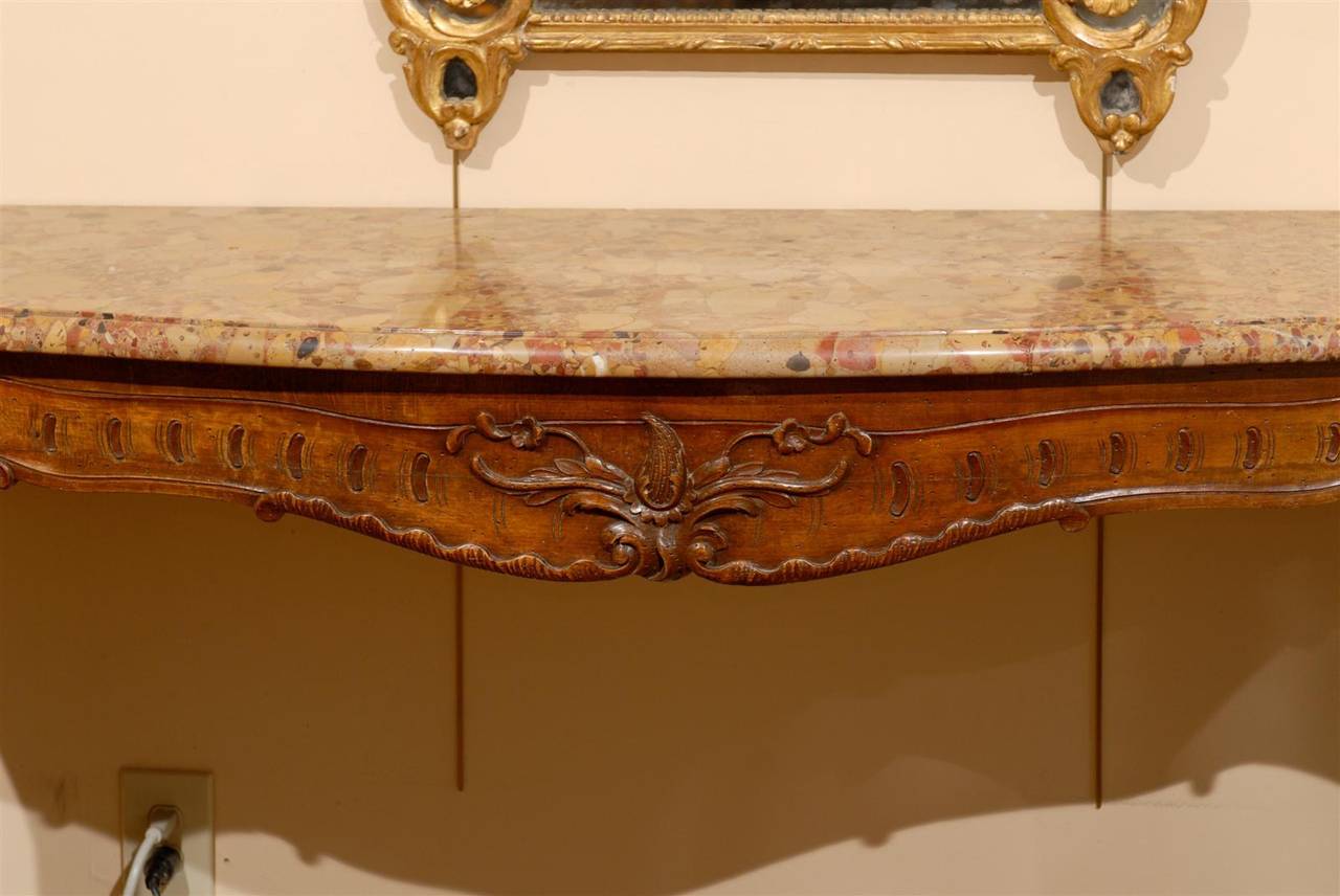 Large French Regence Style Wall-Mounted Oak Console with Marble Top For Sale 2