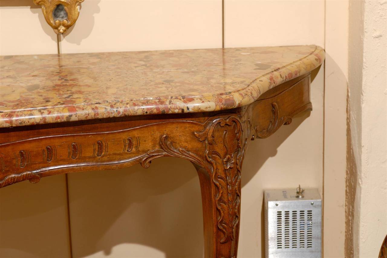 19th Century Large French Regence Style Wall-Mounted Oak Console with Marble Top For Sale