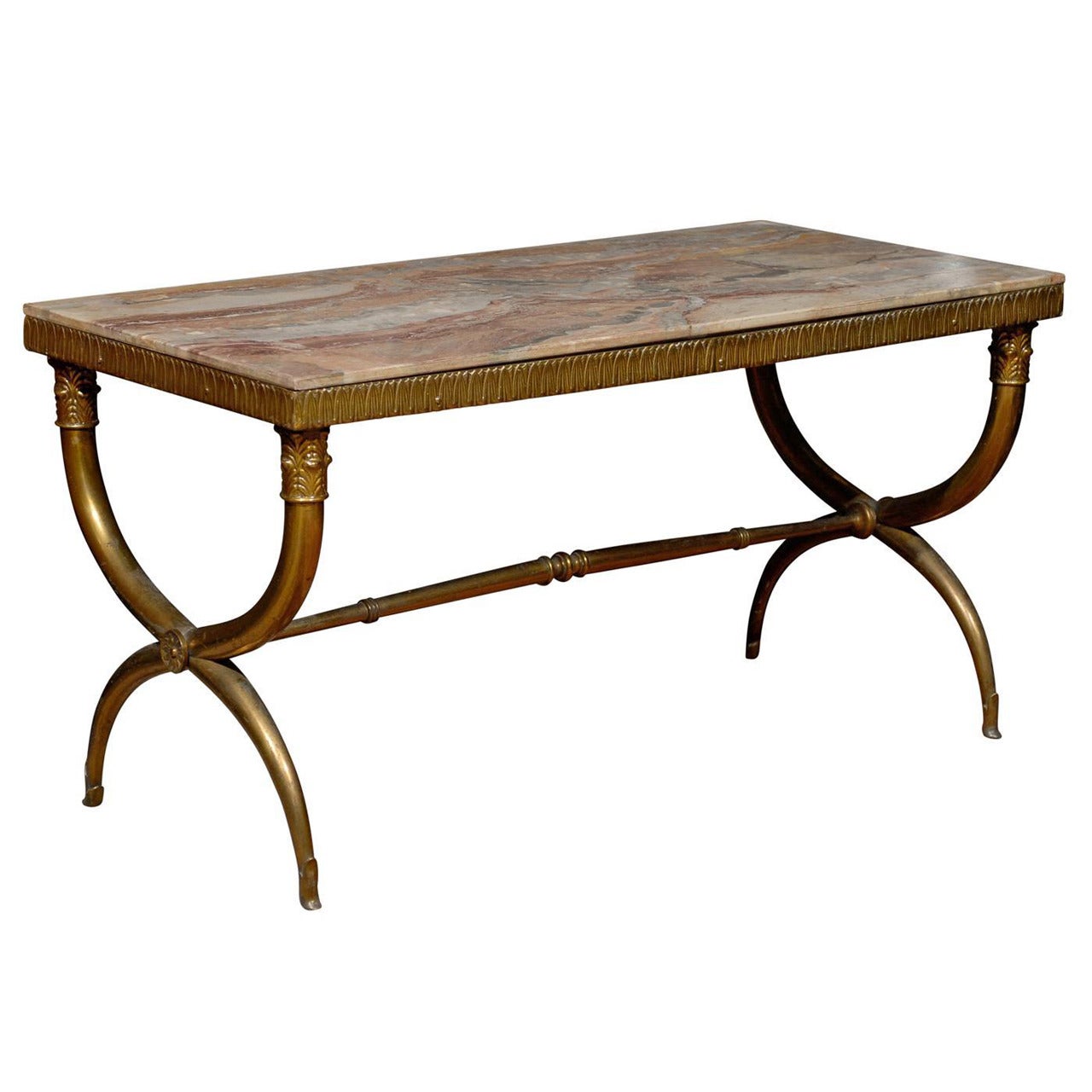 Neoclassical Style X Leg Brass Coffee Table with Marble Top