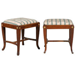Early 19th Century Pair of Fruitwood Italian Benches with Gilt Florettes
