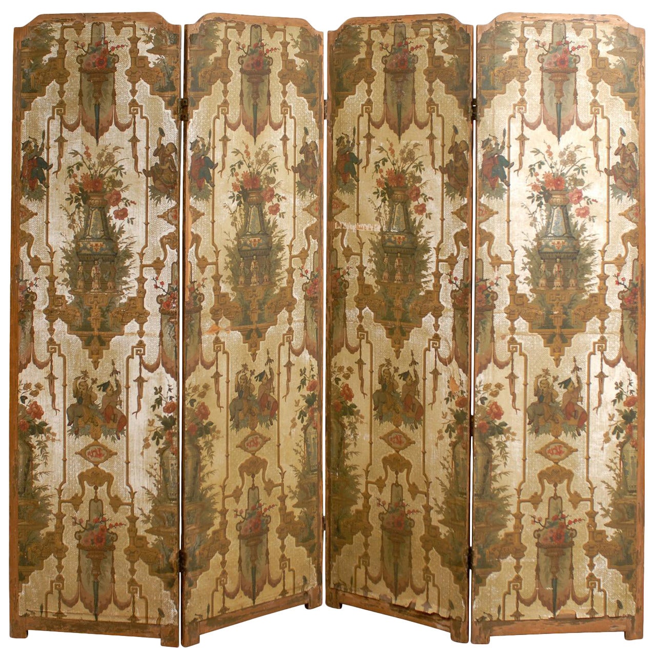 19th Century French Folding Screen with Chinoiserie and Floral Design