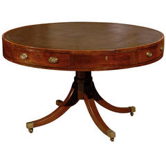 19th Century English Mahogany Drum Table with Leather Top and Four Drawers