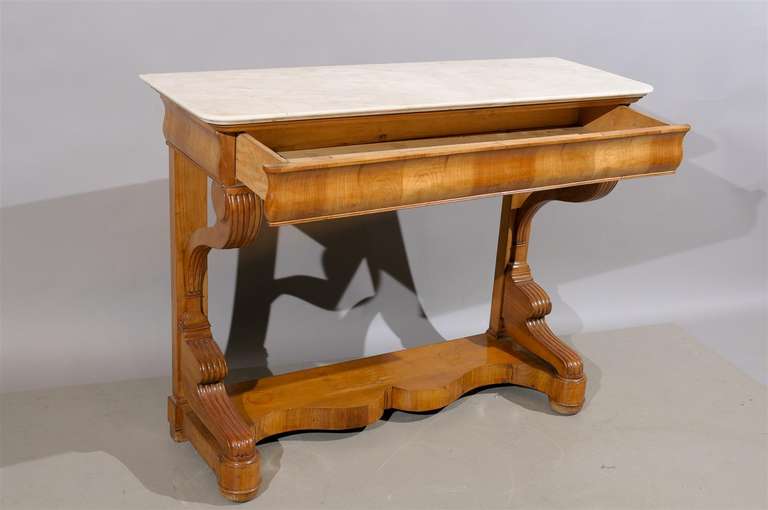 Austrian Biedermier Style Fruitwood Console Table with White Marble Top In Good Condition In Atlanta, GA