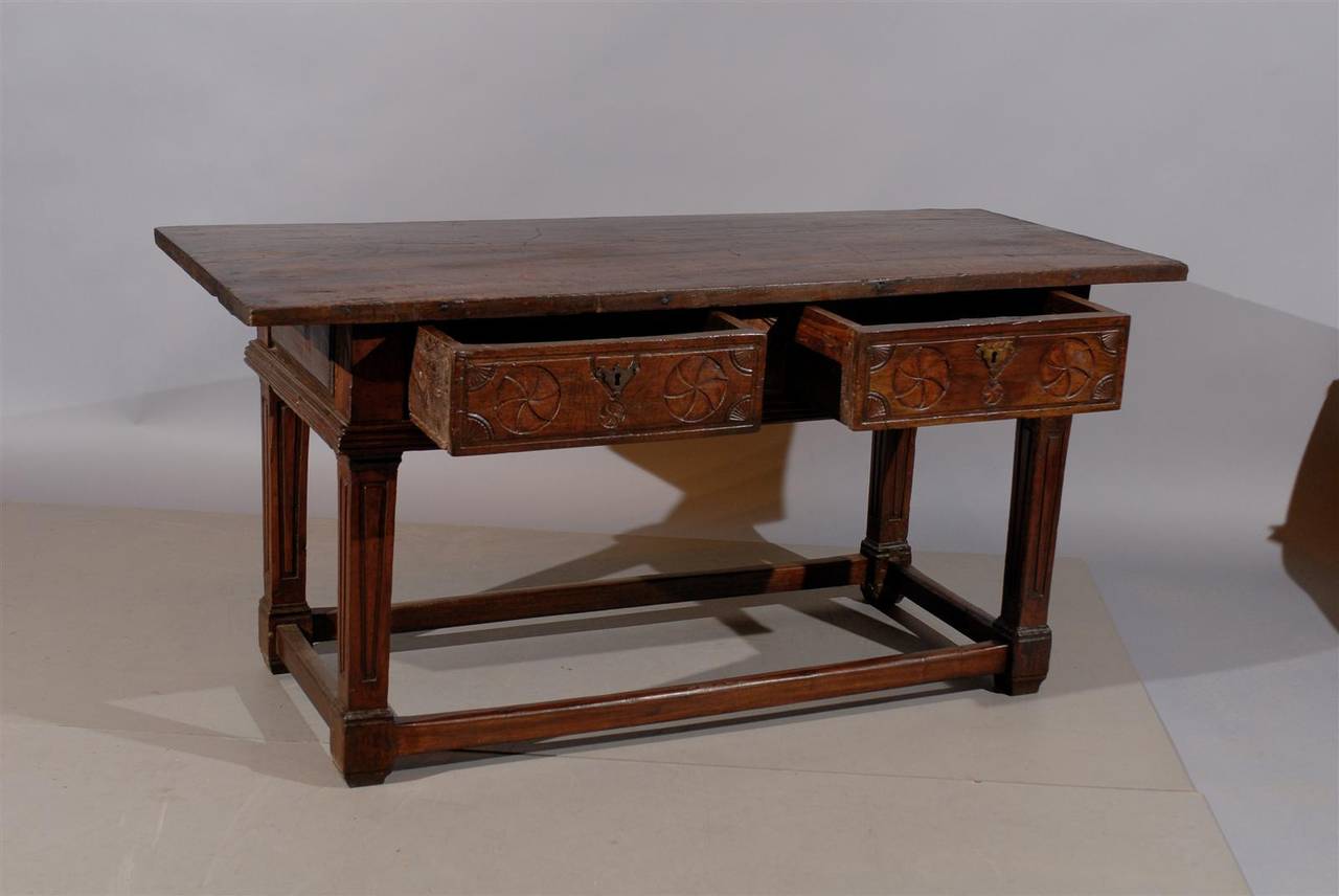 19th Century Italian Oak and Walnut Console Table with 2 Drawers In Excellent Condition In Atlanta, GA
