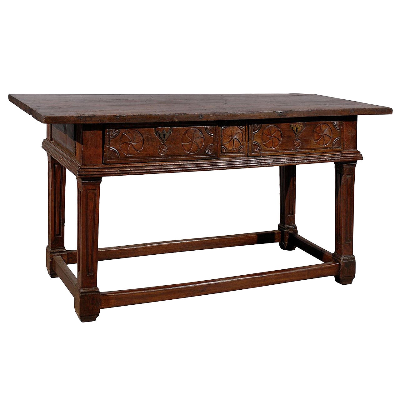 19th Century Italian Oak and Walnut Console Table with 2 Drawers