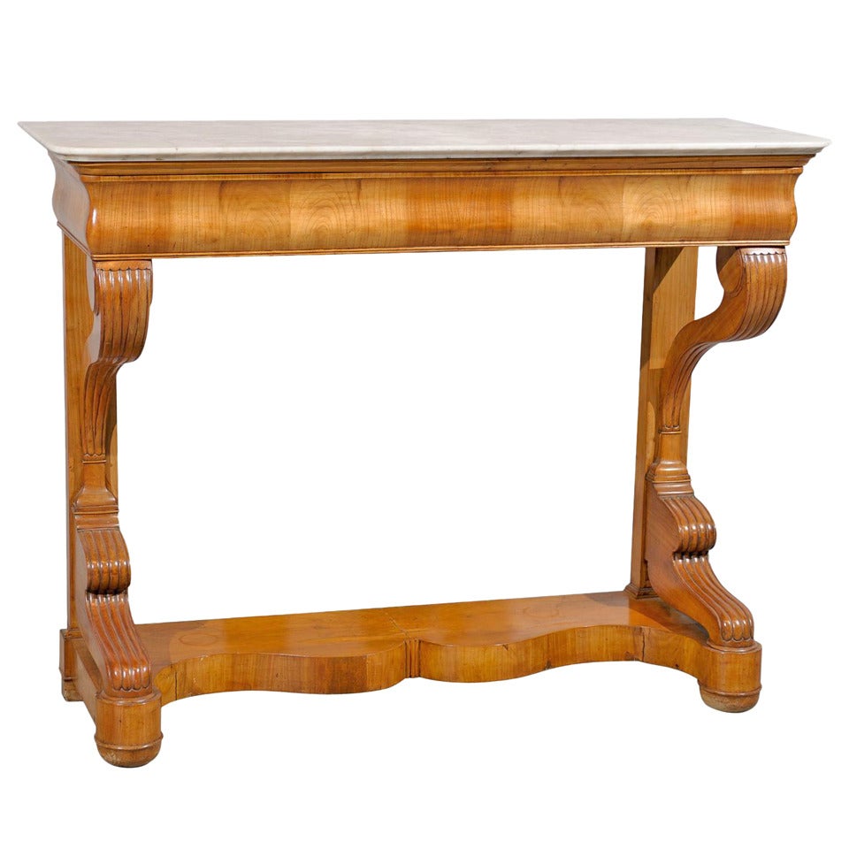 Austrian Biedermier Style Fruitwood Console Table with White Marble Top