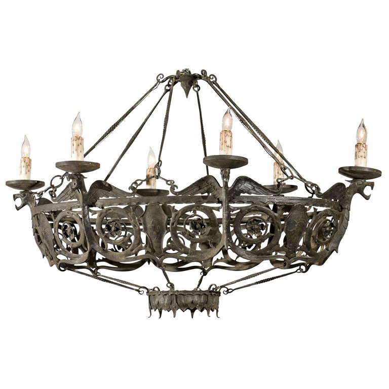 Oval Shaped Six Light Wrought Iron Chandelier With Eagles Oval Shaped Six Light Wrought Iron Chandelier With Eagles Continental For
