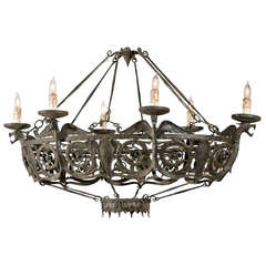 Antique Oval-Shaped Six-Light Wrought Iron Chandelier with Eagles, Continental