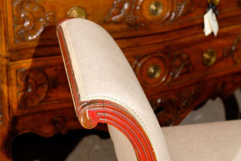 Upholstery Italian Neoclassical Style Long Red Painted Bench with Arms