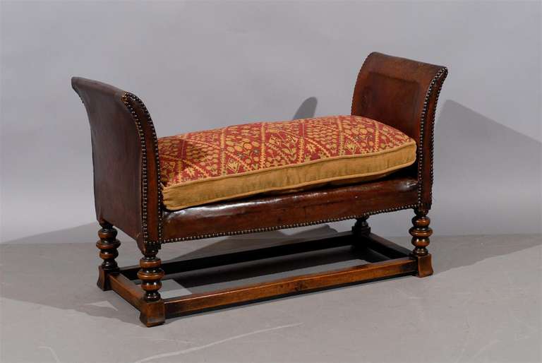 19th Century Petite Leather and Walnut Window Bench