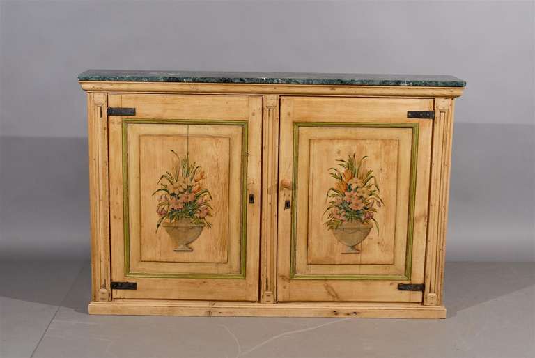 20th Century Narrow Pine Two Door Cabinet with Floral Painting and Green Marble Top
