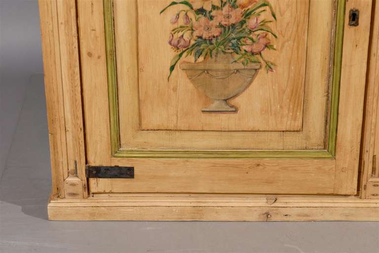 Narrow Pine Two Door Cabinet with Floral Painting and Green Marble Top 5