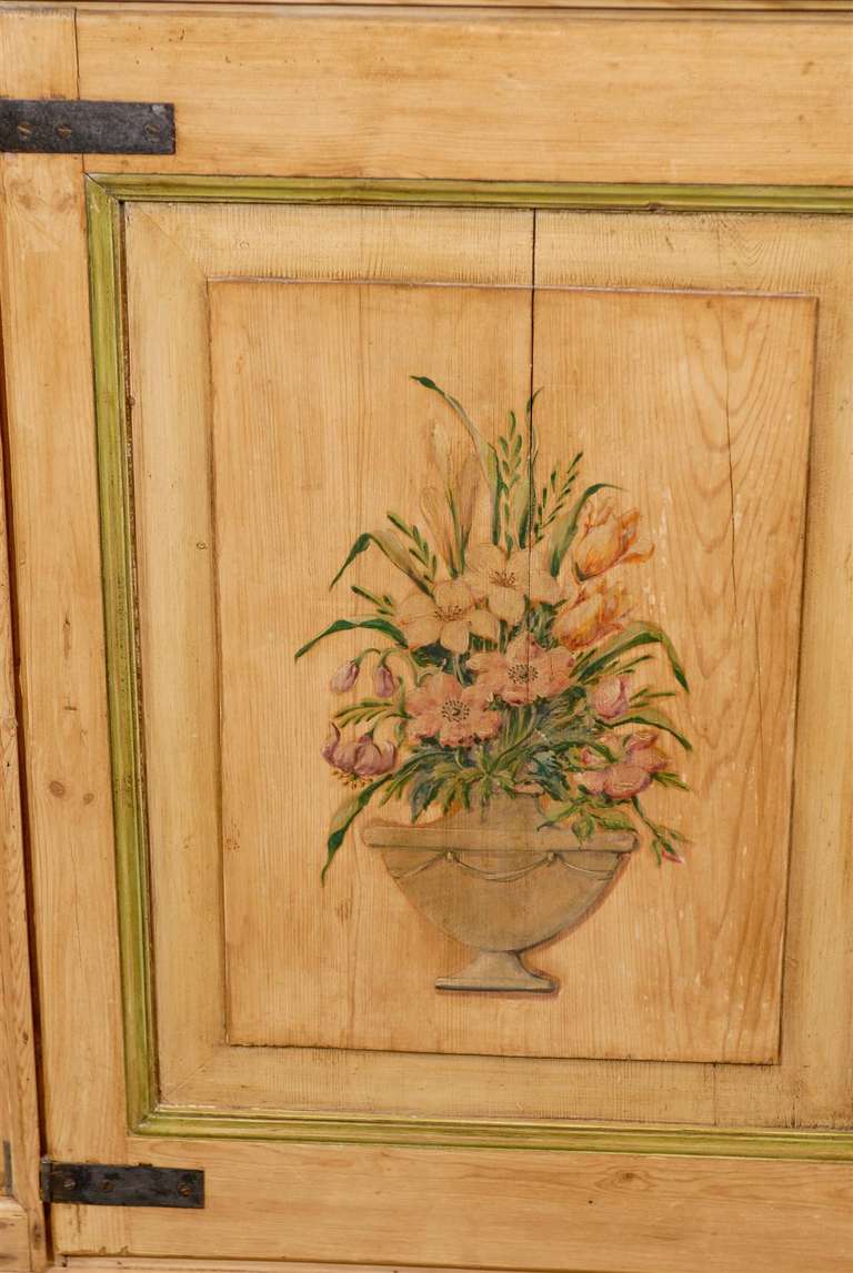 Narrow Pine Two Door Cabinet with Floral Painting and Green Marble Top 4