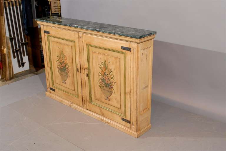 Narrow Pine Two Door Cabinet with Floral Painting and Green Marble Top In Good Condition In Atlanta, GA