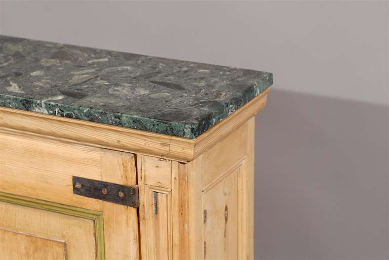 Narrow Pine Two Door Cabinet with Floral Painting and Green Marble Top 2