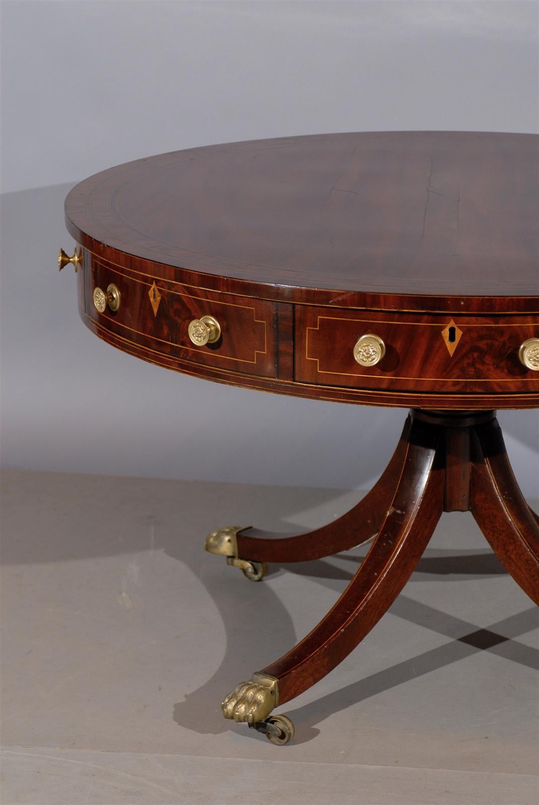 19th Century English Mahogany Rent Table with Inlay and Brass Castors In Excellent Condition In Atlanta, GA