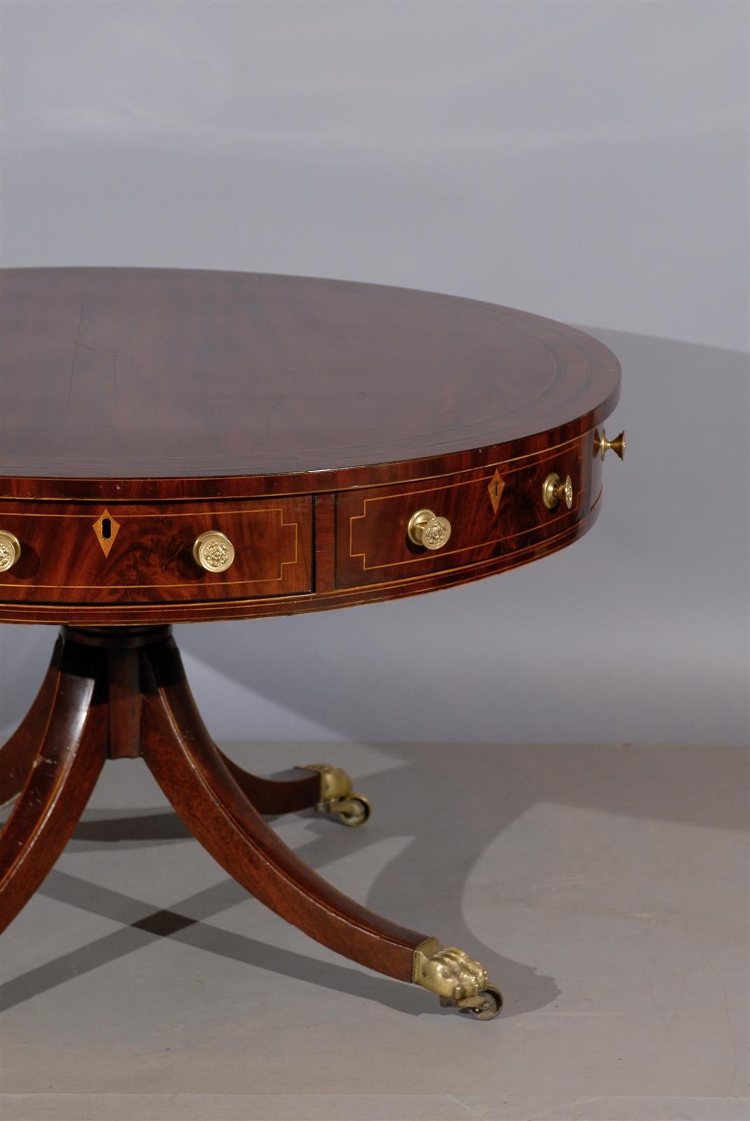 19th Century English Mahogany Rent Table with Inlay and Brass Castors 3