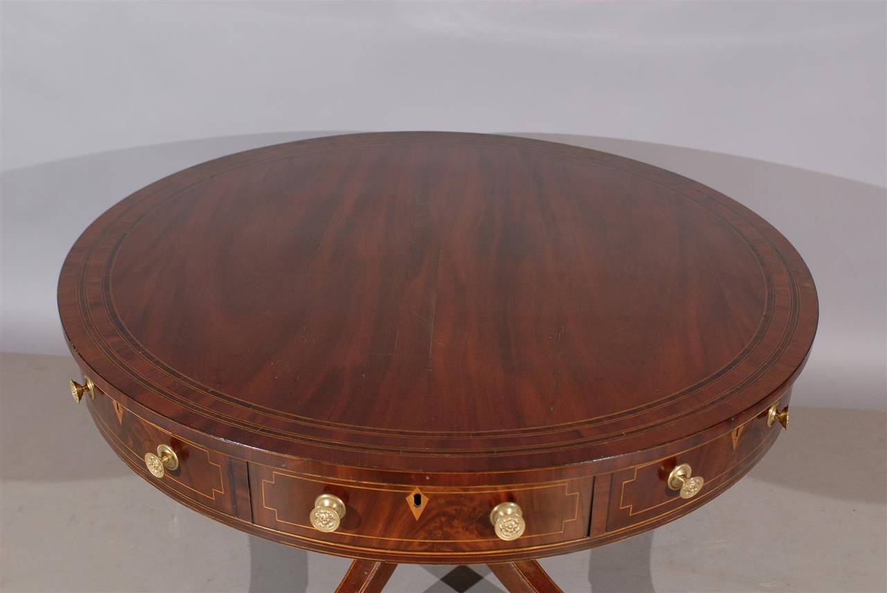 19th Century English Mahogany Rent Table with Inlay and Brass Castors 1