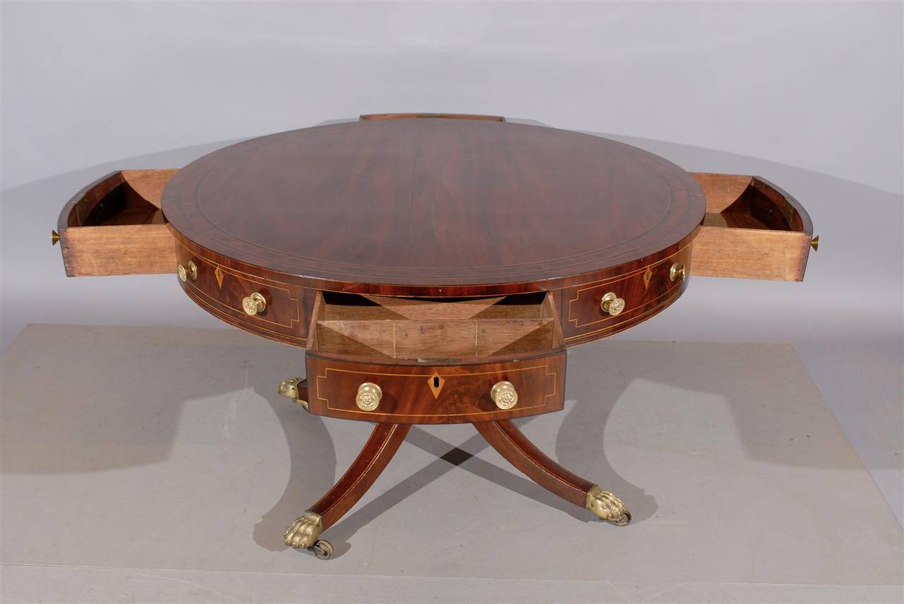 19th Century English Mahogany Rent Table with Inlay and Brass Castors 5