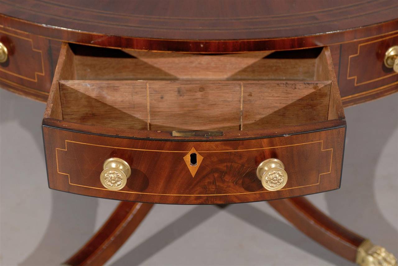 19th Century English Mahogany Rent Table with Inlay and Brass Castors 6