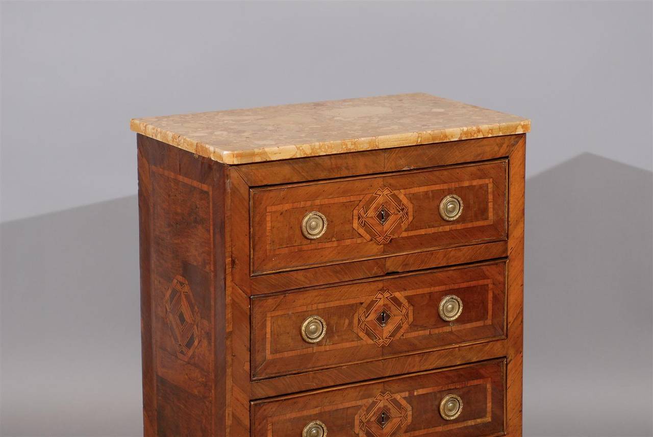 19th Century Italian Neoclassical Parquetry Inlaid Commodini with Marble Top
