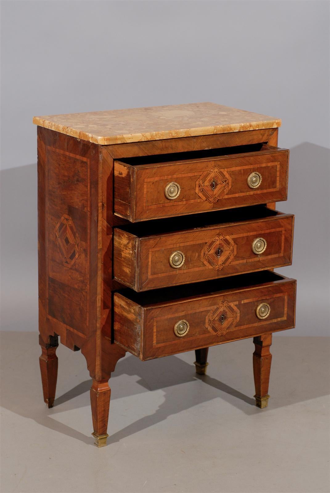 Italian Neoclassical Parquetry Inlaid Commodini with Marble Top In Excellent Condition In Atlanta, GA