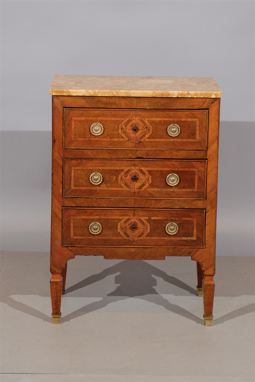 Italian Neoclassical Parquetry Inlaid Commodini with Marble Top 1